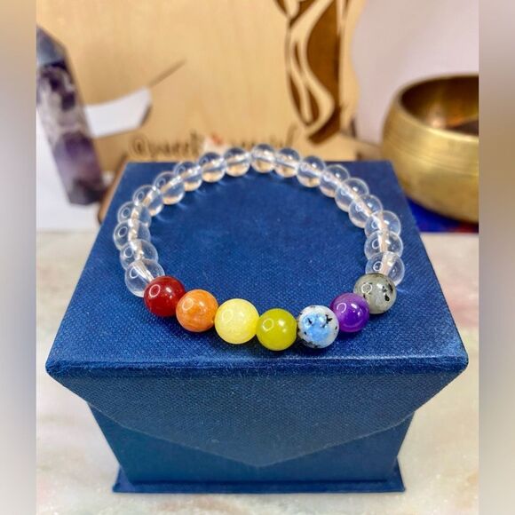 Handmade Clear Quartz& Mixed Rainbow Gemstone Bead Bracelet - Picture 1 of 6